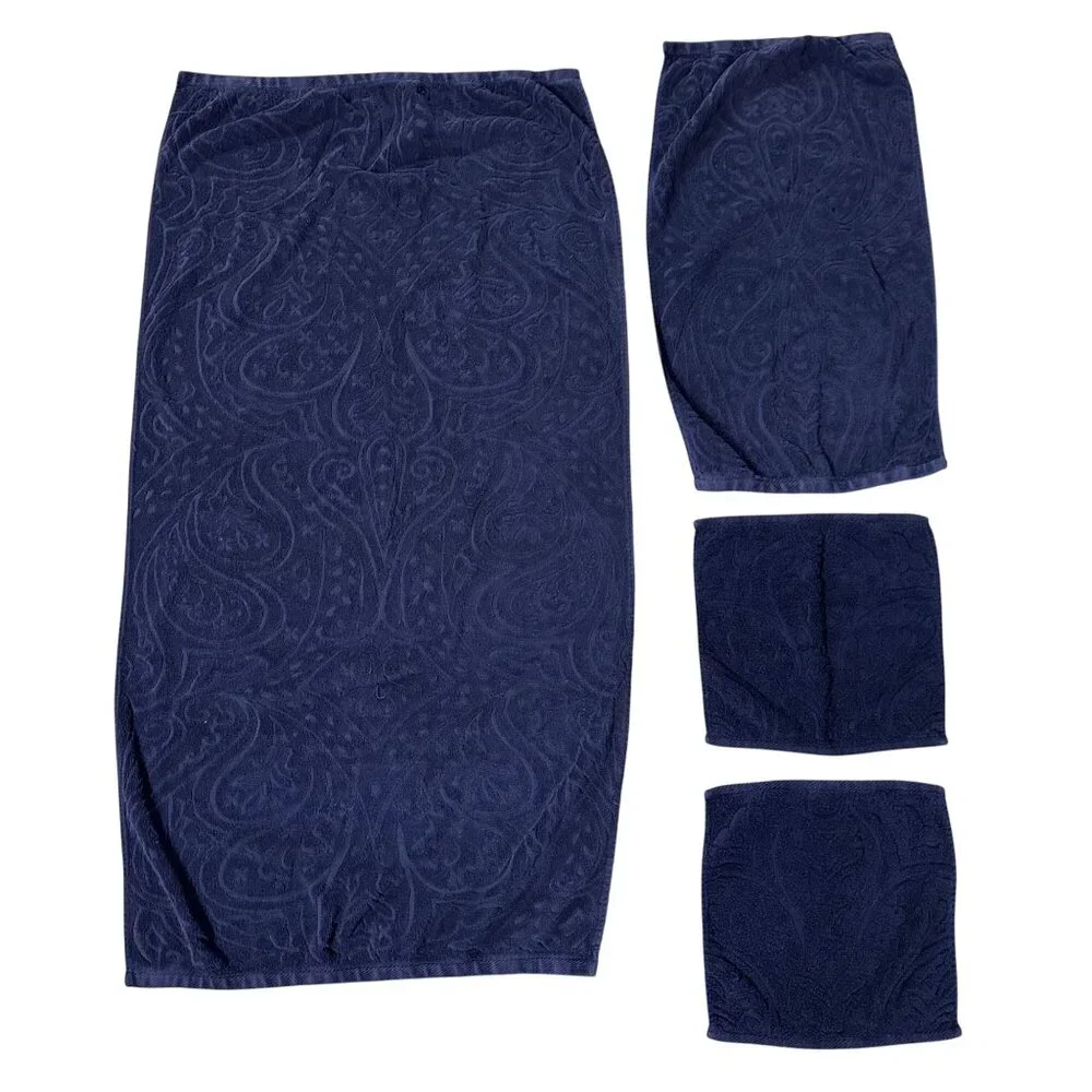 Lauren Ralph Lauren Blue Cotton Towel Set Sculpted Bath Hand Towel 2 Washcloths